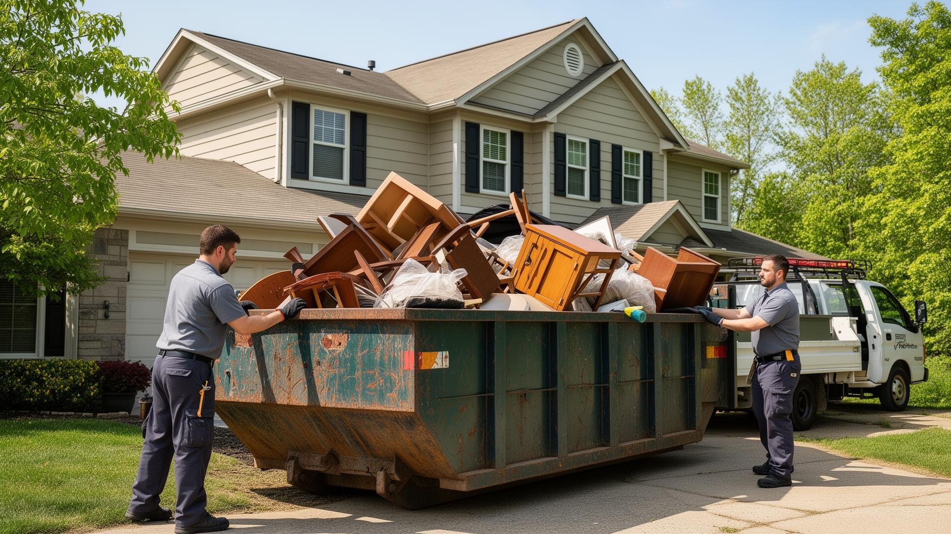 Barbo Pro Services crew loading debris into a dumpster outside a residential home
